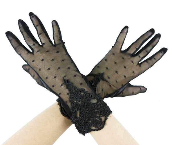 Gothic Boho Black Polka Dots Mesh Gloves w/ Lace Embroidery