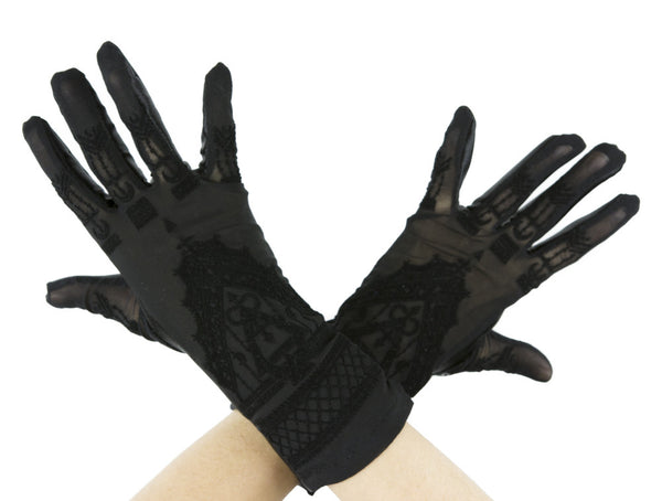 Gothic Boho Black Cathedral Mesh & Velvet Gloves w/ Mehndi & Alchemical Symbols