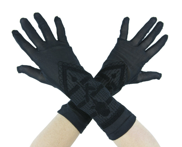 Gothic Boho Black Rose Mesh & Velvet Gloves