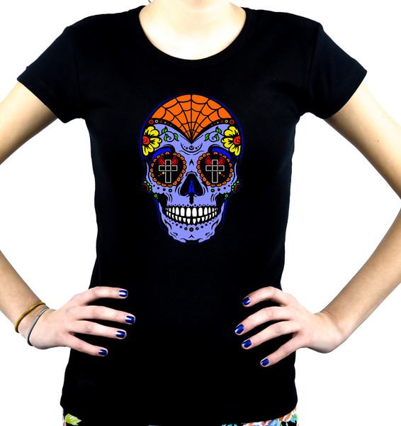 Blue Sugar Skull Women's Babydoll Shirt "Dia De Los Muertos" Day of the Dead