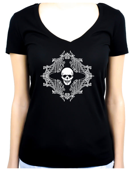 Skull w/ Spiderweb Cameo Women's V-Neck Shirt Top Gothic Clothing