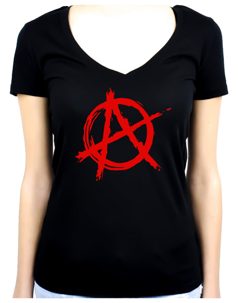Red Anarchy Punk Rock Women's V-Neck Shirt Top Gothic Clothing