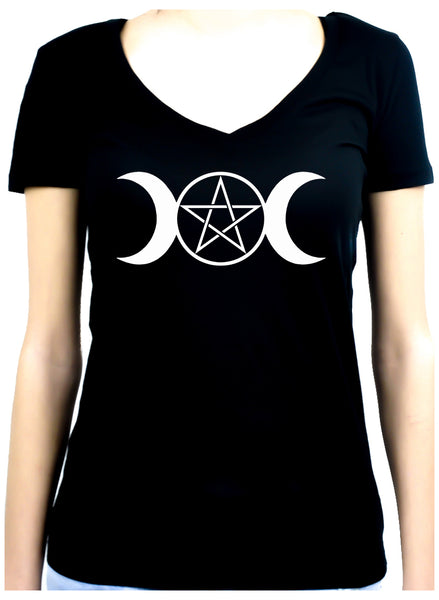 White Triple Moon Goddess Pentagram Women's V-Neck Shirt Top Witchy Clothing