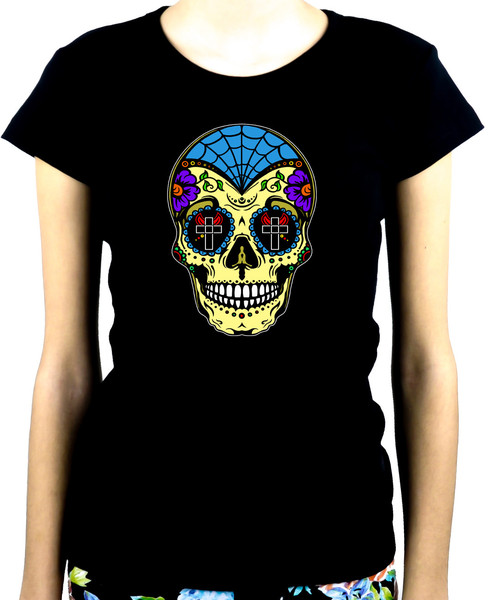 Yellow Sugar Skull Women's Babydoll Shirt "Dia De Los Muertos" Day of