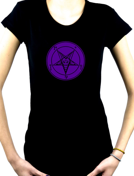 Purple Print Baphomet Symbol Women's Babydoll Shirt Black Metal Clothe