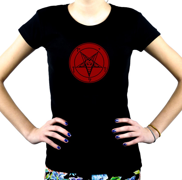 Red Print Baphomet Symbol Women's Babydoll Shirt Black Metal Clothes
