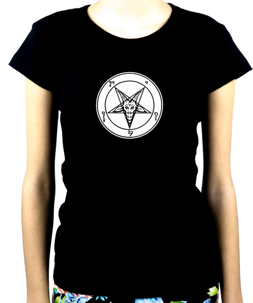 White Print Baphomet Symbol Women's Babydoll Shirt Black Metal Clothes