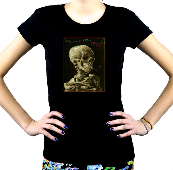 Skeleton Smoking Women's Babydoll T-shirt Vincent Van Gogh Painting