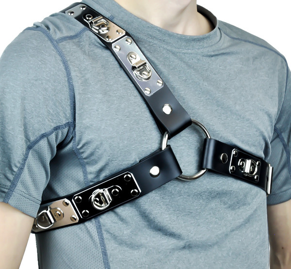 Metal Plate D Ring Black Leather Fashion Harness