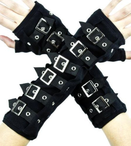 Black Buckle Gloves Deathrock Gothic Arm Warmers Cosplay Steampunk Emo