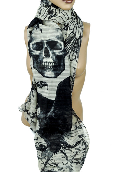 Elegant Skull Design on Beige Scarf Occult Clothing