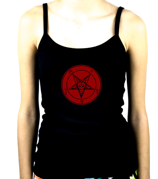 Red Print Baphomet Symbol Women's Spaghetti Strap Shirt Black Metal Cl