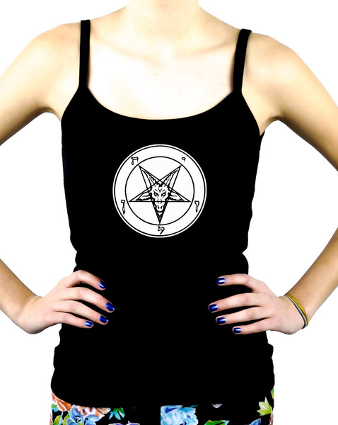 White Print Baphomet Symbol Women's Spaghetti Strap Shirt Black Metal