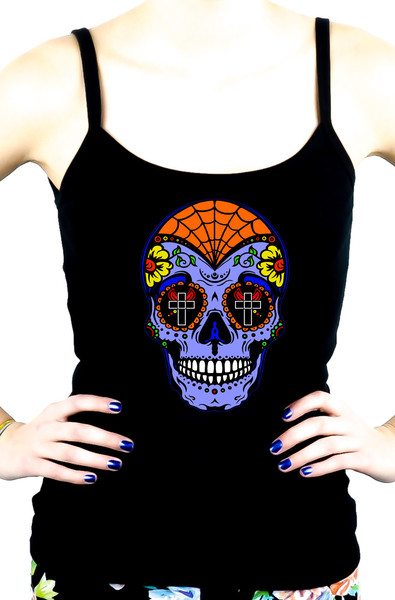 Blue Sugar Skull Spaghetti Strap Shirt "Dia De Los Muertos" Day of the