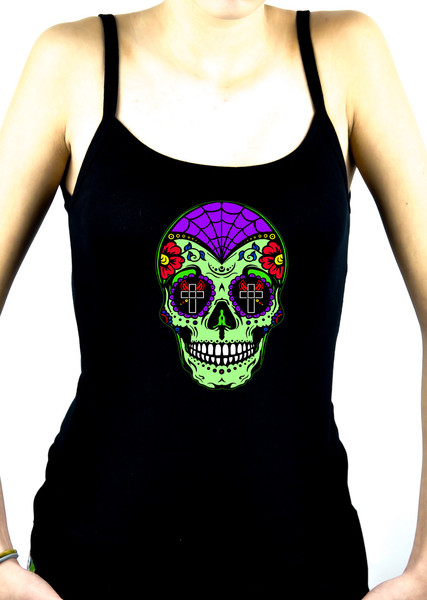 Green Sugar Skull Spaghetti Strap Shirt "Dia De Los Muertos" Day of th