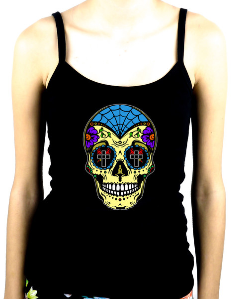 Yellow Sugar Skull Spaghetti Strap Shirt "Dia De Los Muertos" Day of t