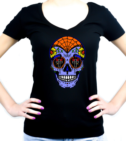Blue Sugar Skull Women's V-neck Shirt "Dia De Los Muertos" Day of the