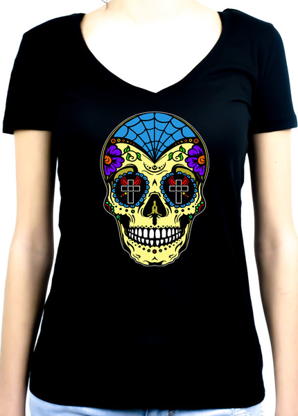 Yellow Sugar Skull Women's V-neck Shirt "Dia De Los Muertos" Day of th