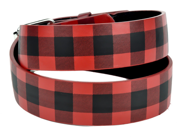 Red Plaid Checkered Print Genuine Leather Belt