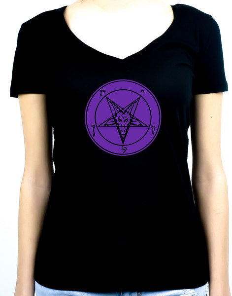 Solid Purple Classic Inverted Pentagram Sabbatic Goat Symbol Women's V-Neck Shirt Top