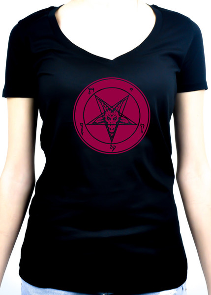 Solid Red Classic Inverted Pentagram Sabbatic Goat Symbol Women's V-Neck Shirt Top