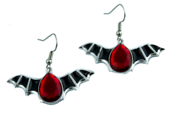 Bat Wings Red Stone Gothic Tear Drop Earrings Alternative Jewelry