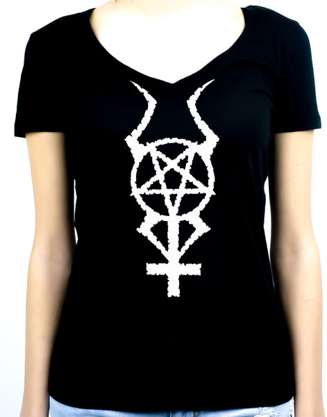 Horned Pentacross w/ Inverted Cross & Pentagram Women's V-Neck Shirt Top Metal