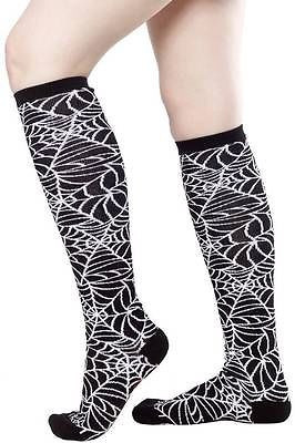 Sourpuss Black White Spiderweb Cobweb 19" Knee High Socks Goth Punk Psychobilly