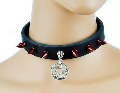 Pentagram and Red Spike Leather Choker Necklace Gothic Deathrock Punk Rockabilly