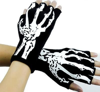 Bone Skeleton Fingerless Gloves Deathrock Gothic Punk Halloween Cosplay Costume