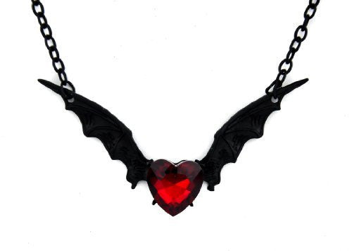 Red Heart Stone Black Vampire Bat Wing Necklace