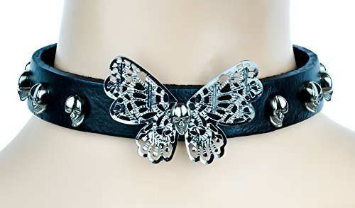 Skull Stud Wing Butterfly Real Leather Choker Gothic Necklace