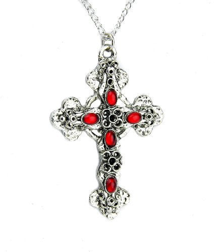 Gothic Filigree Cross Necklace Red Swarovski Stone Pendant Jewelry