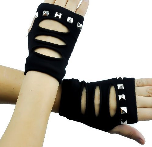 Black Cut Out Torn Fingerless Gloves with Pyramid Studs