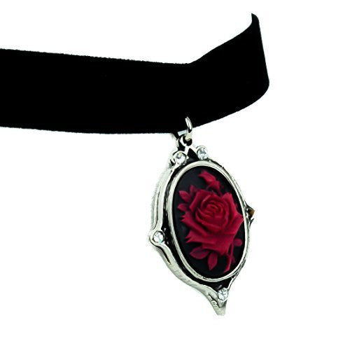 Gothic Thorn Red Rose Vine Cameo Velvet Choker Necklace