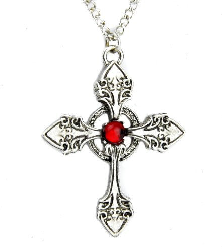 Nordic Gothic Cross Necklace with Red Stone Jewelry