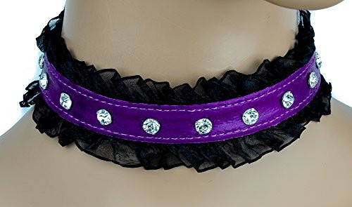 Rhinestone Purple Leather Choker with Lace Trim Sexy Lolita Collar