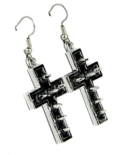 Silver Cross Spike Earrings with Black Inlay Cosplay