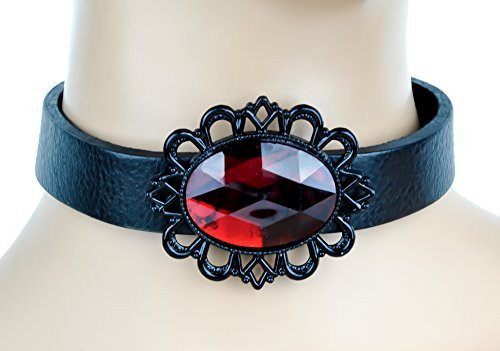 Red Stone with Black Victorian Setting Leather Choker Gothic Necklace