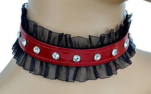 Rhinestone Red Leather Choker with Lace Trim Sexy Lolita Collar
