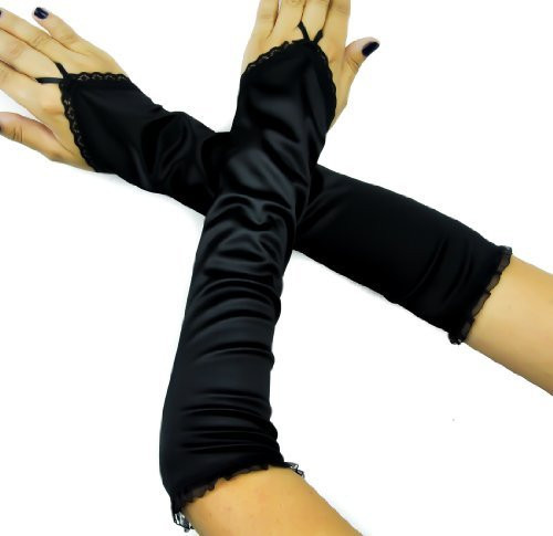 Long Black Satin One Finger / Fingerless Gloves