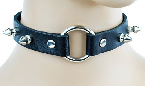 Black Leather PC 1" Ring Choker with Spikes O Collar