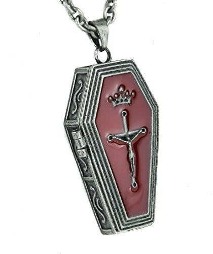 Gothic Crucifix Coffin Case Necklace with Red Inlay