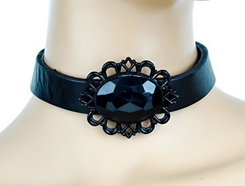 Black Stone with Black Victorian Setting Leather Choker Gothic Necklace