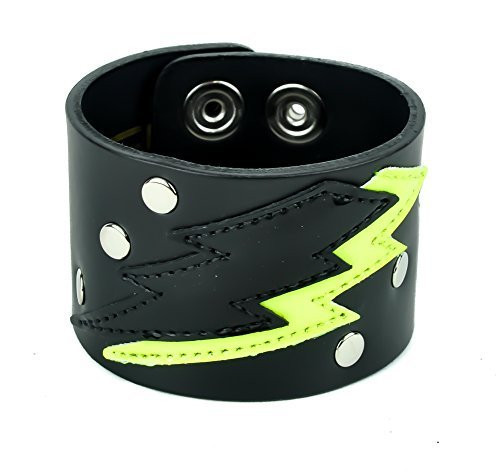 Neon Green Lighting Bolt Leather Wristband Metal Bracelet