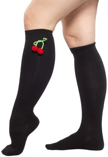 Sourpuss Cherry Pom Pom Black Knee High Socks