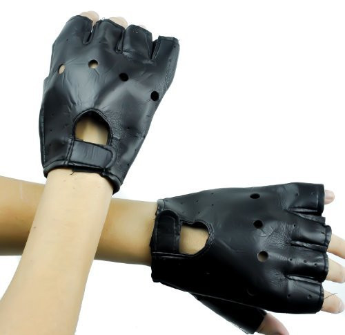 Black Pleather Fingerless Biker Gloves