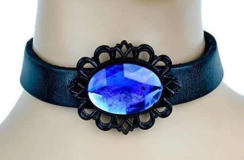 Blue Stone with Black Victorian Setting Leather Choker Gothic Necklace