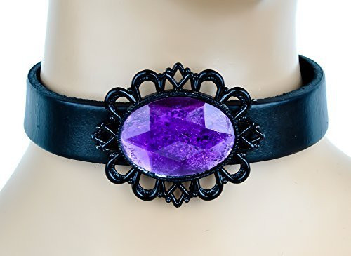 Purple Stone with Black Victorian Setting Leather Choker Gothic Necklace