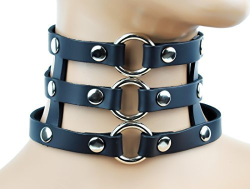 3 O Ring Leather Strap Choker Gothic Cosplay Necklace